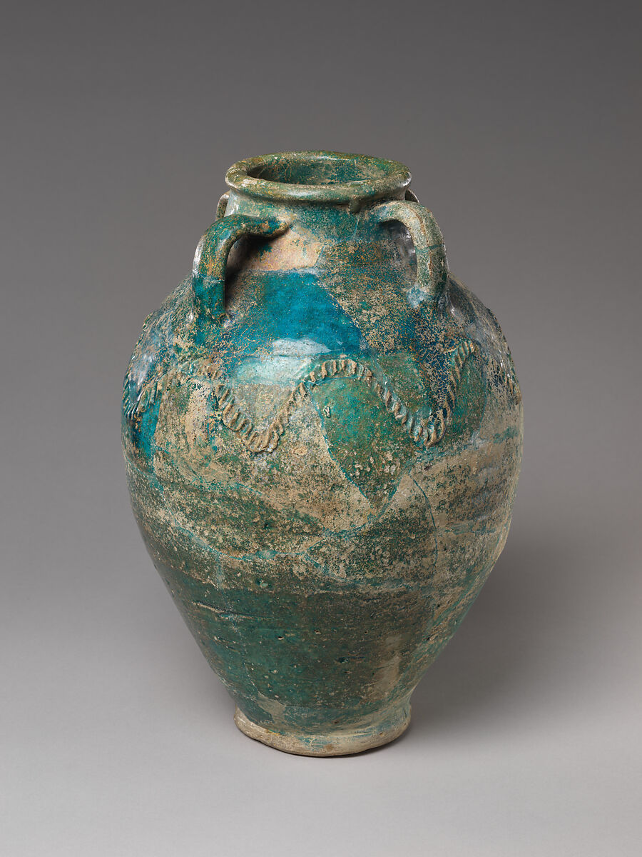 Four handled storage jar with rope-pattern design, Earthenware with turquoise glaze, Iraq or Iran, Persian Gulf