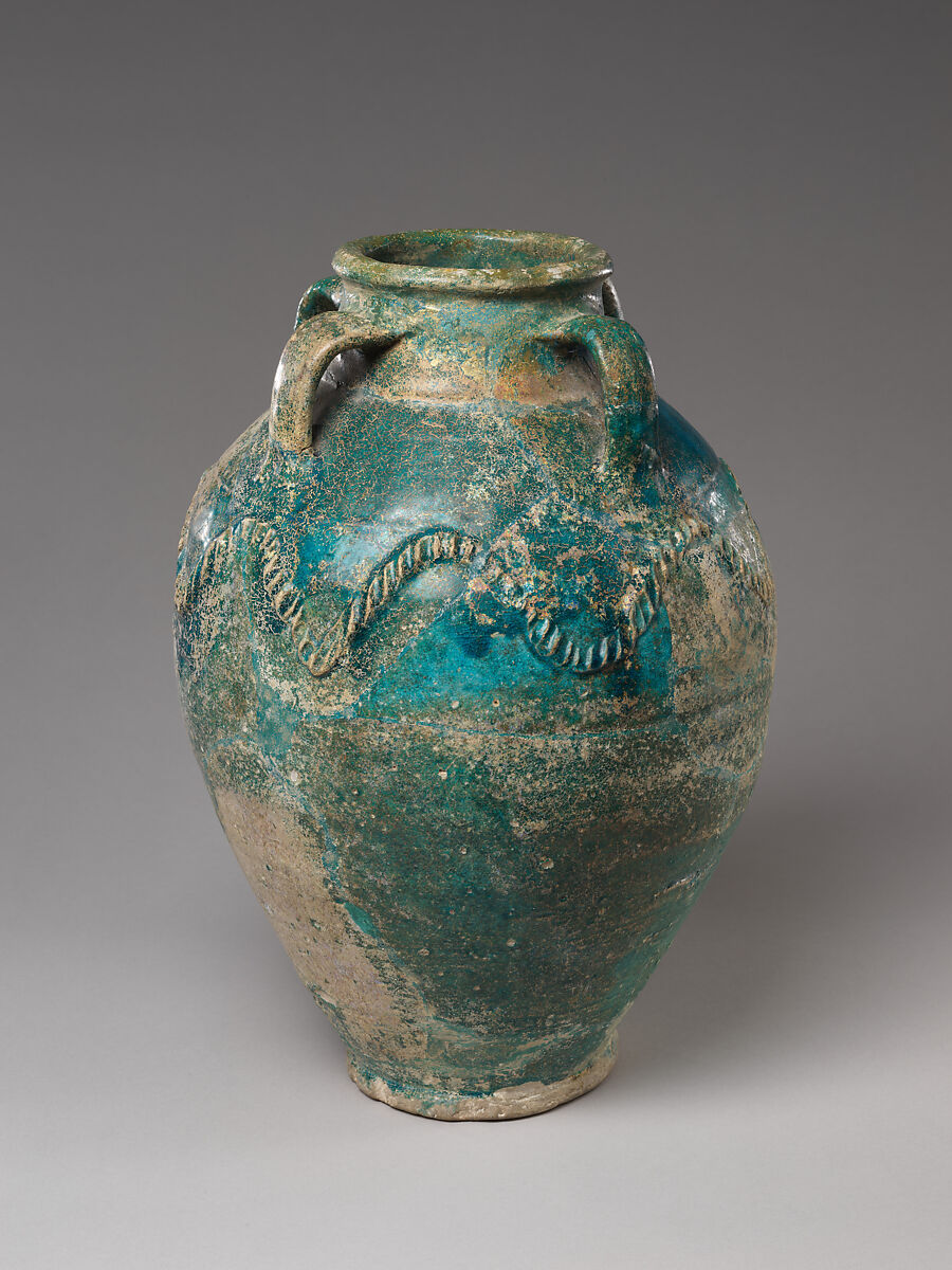 Four handled storage jar with rope-pattern design, Earthenware with turquoise glaze, Iraq or Iran, Persian Gulf 