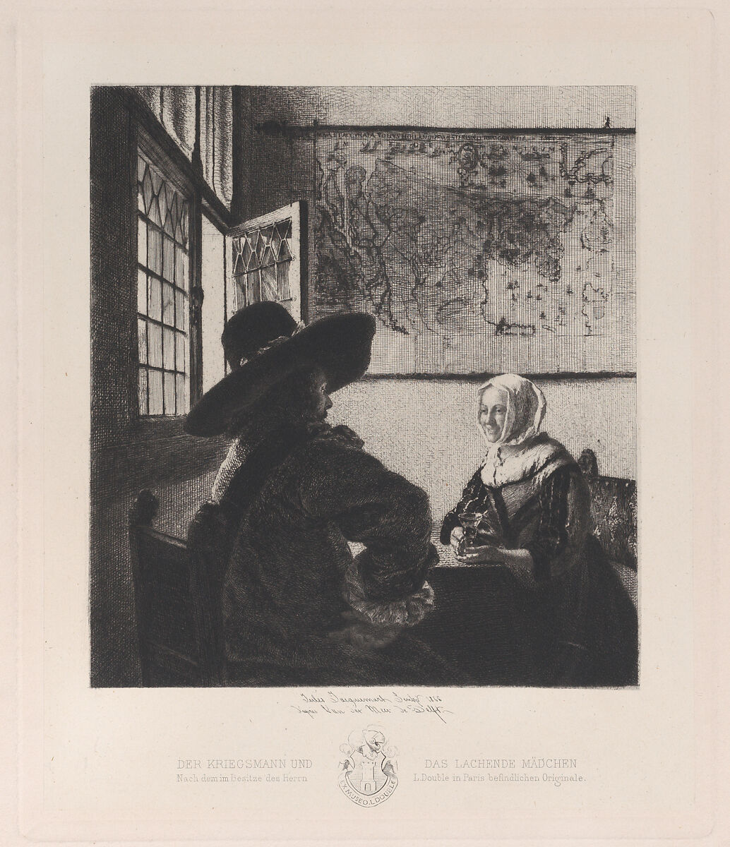 Officer and Laughing Girl, after Vermeer, Jules-Ferdinand Jacquemart (French, Paris 1837–1880 Paris), Etching, sixth state of six (Gonse) 