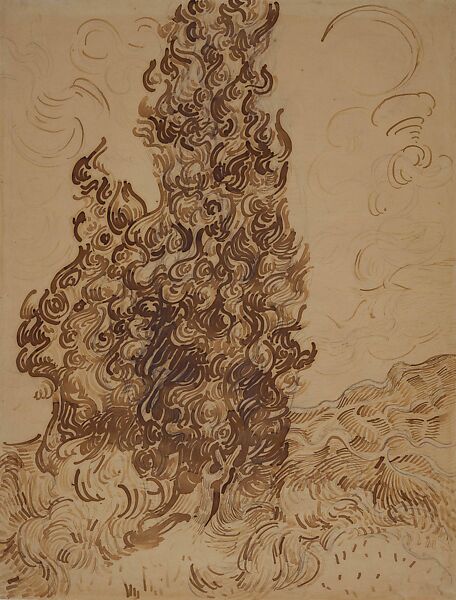 Cypresses, Vincent van Gogh (Dutch, Zundert 1853–1890 Auvers-sur-Oise), Ink and graphite on wove Latune et Cie Balcons paper 