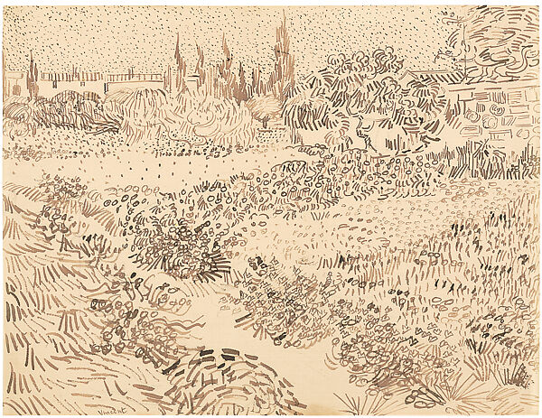 Garden with Flowers, Vincent van Gogh (Dutch, Zundert 1853–1890 Auvers-sur-Oise), Reed pen and ink over graphite on wove paper 