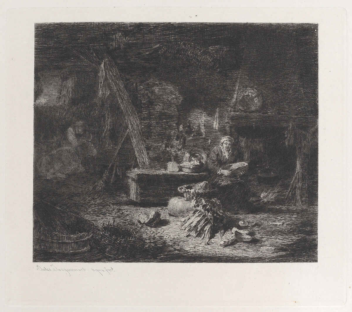 Interior of a Dutch Kitchen, after Willem Kalf, Jules-Ferdinand Jacquemart (French, Paris 1837–1880 Paris), Etching, second state of three (Gonse) 