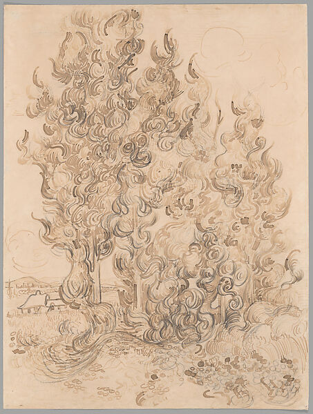 Cypresses, Vincent van Gogh (Dutch, Zundert 1853–1890 Auvers-sur-Oise), Pen and reed pen and inks with graphite on wove paper 