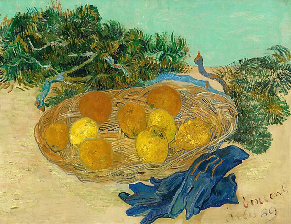 Still Life of Oranges and Lemons with Blue Gloves, Vincent van Gogh (Dutch, Zundert 1853–1890 Auvers-sur-Oise), Oil on canvas 