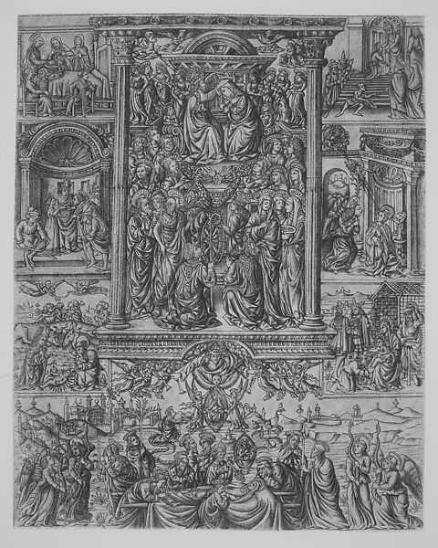 The Coronation of the Virgin, surrounded by seven scenes from her life, ? Anonymous, Italian, Florentine, 15th century, Engraving (a modern forgery ?) 