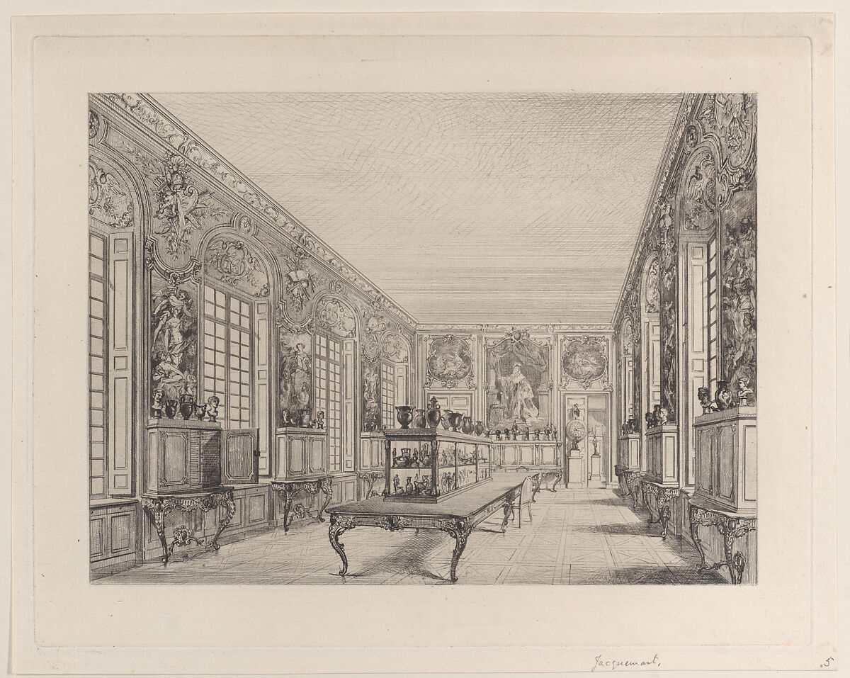 Room in the Louvre Containing Gems and Jewels, Jules-Ferdinand Jacquemart (French, Paris 1837–1880 Paris), Etching 