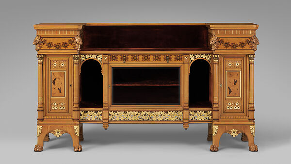 Cabinet, Herter Brothers (German, active New York, 1864–1906), Maple, white pine, ash, cedar, brass, glass, gilding, paint, silk velvet (original and replaced), American 