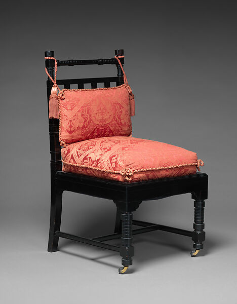 Chair, Herter Brothers (German, active New York, 1864–1906), Ebonized cherry, brass casters, later upholstery, American 