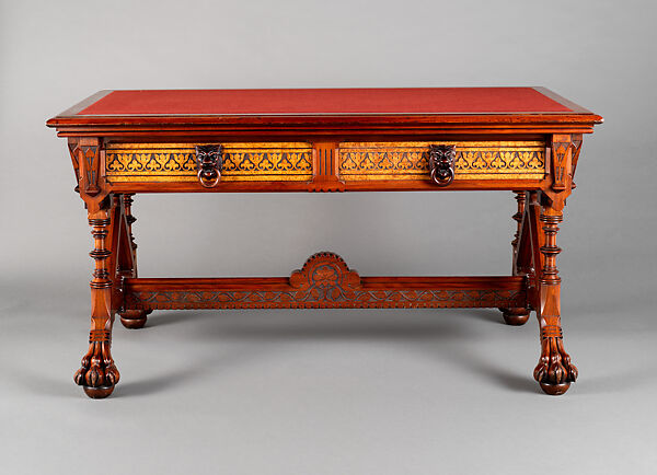 Library table, Daniel Pabst (American, born Germany 1826–1910 Philadelphia, Pennsylvania), Walnut, burled maple, casters, original and later felt, American 