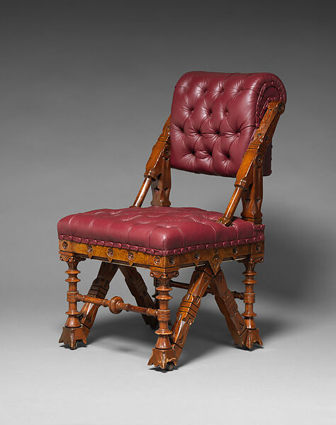 Side chair, Daniel Pabst (American, born Germany 1826–1910 Philadelphia, Pennsylvania), Walnut, burled maple, later leather upholstery, American 