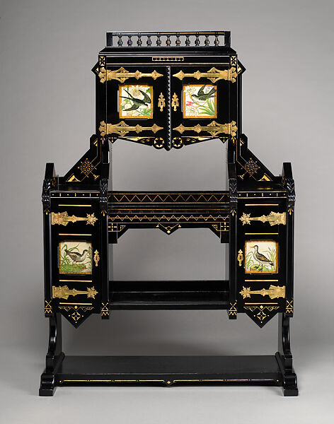 Étagère, Kimbel and Cabus (American, New York, 1863–1882), Ebonized wood, gilding, ceramic tiles, brass, American 