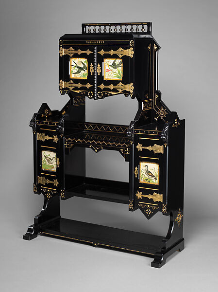 Étagère, Kimbel and Cabus (American, New York, 1863–1882), Ebonized wood, gilding, ceramic tiles, brass, American