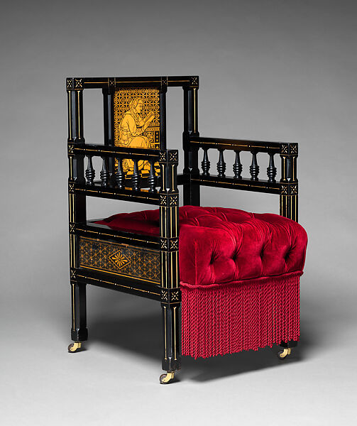 Chair, Kimbel and Cabus (American, New York, 1863–1882), ebonized wood, gilding, printed paper tiles, later upholstery, American 