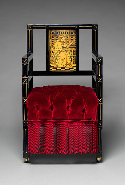 Chair, Kimbel and Cabus (American, New York, 1863–1882), ebonized wood, gilding, printed paper tiles, later upholstery, American