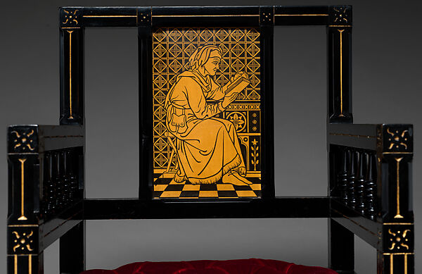 Chair, Kimbel and Cabus (American, New York, 1863–1882), ebonized wood, gilding, printed paper tiles, later upholstery, American