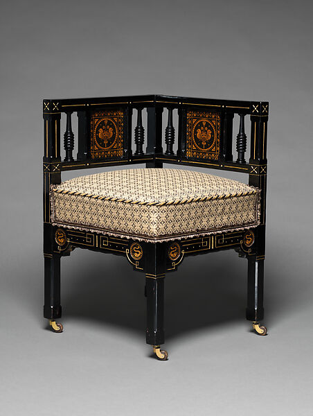 Chair, Kimbel and Cabus (American, New York, 1863–1882), Ebonized wood, printed paper panels, gilding, later upholstery, American 