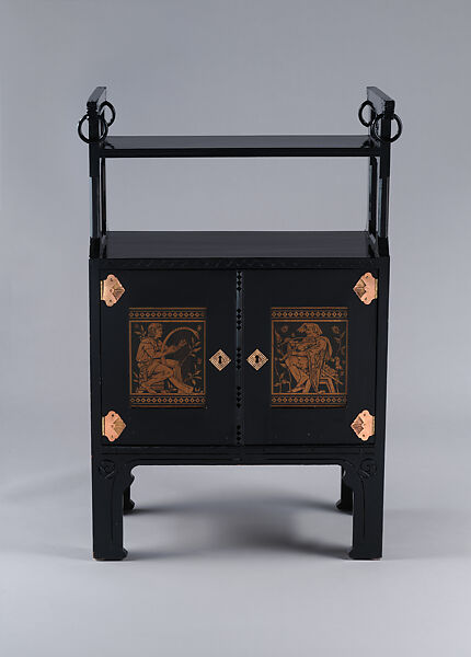 Music Stand, Kimbel and Cabus (American, New York, 1863–1882), Ebonized wood, printed paper panels, gilding, brass, American 