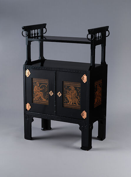 Music Stand, Kimbel and Cabus (American, New York, 1863–1882), Ebonized wood, printed paper panels, gilding, brass, American
