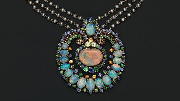 Necklace, Probably designed by Meta Overbeck (American, 1881–1946) for, Gold, opals, pearls, demantoid garnets, sapphires, American