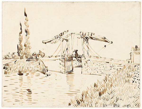 The Langlois Bridge, Vincent van Gogh (Dutch, Zundert 1853–1890 Auvers-sur-Oise), Reed pen and logwood ink over graphite on wove paper 