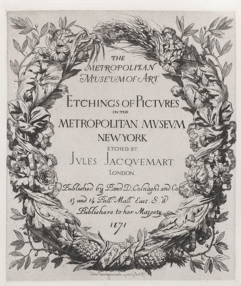 Title page, Etchings of Pictures in the Metropolitan Museum New York, Jules-Ferdinand Jacquemart (French, Paris 1837–1880 Paris), Etching, third state of three (Gonse) 