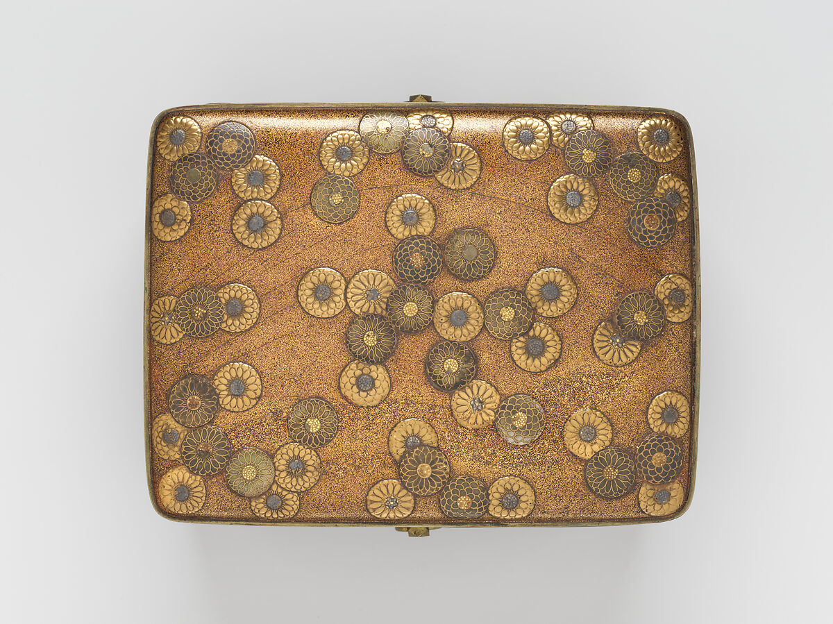 Cosmetic Box (Tebako) with Chrysanthemum Flowers, Lacquered wood with gold, silver takamaki-e, hiramaki-e, gold, silver foil application on nashiji ground; gilt bronze fittings, Japan