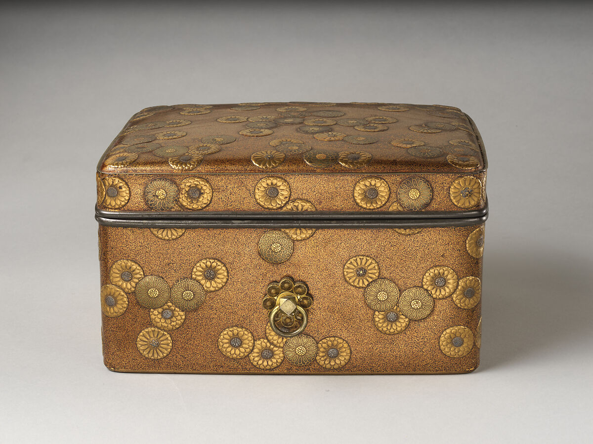 Cosmetic Box (Tebako) with Chrysanthemum Flowers, Lacquered wood with gold, silver takamaki-e, hiramaki-e, gold, silver foil application on nashiji ground; gilt bronze fittings, Japan