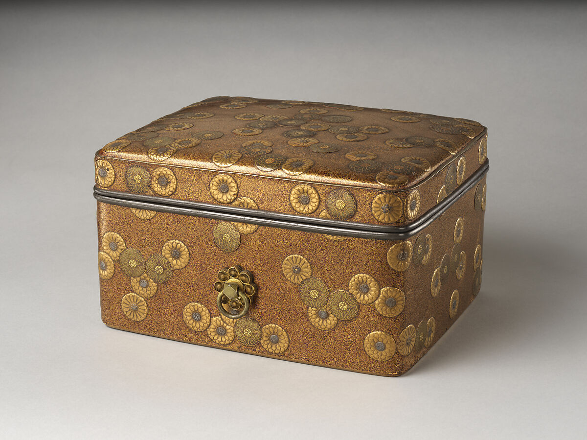 Cosmetic Box (Tebako) with Chrysanthemum Flowers, Lacquered wood with gold, silver takamaki-e, hiramaki-e, gold, silver foil application on nashiji ground; gilt bronze fittings, Japan