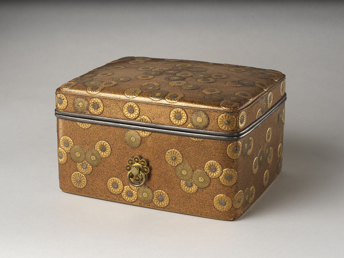 Cosmetic Box (Tebako) with Chrysanthemum Flowers, Lacquered wood with gold, silver takamaki-e, hiramaki-e, gold, silver foil application on nashiji ground; gilt bronze fittings, Japan 