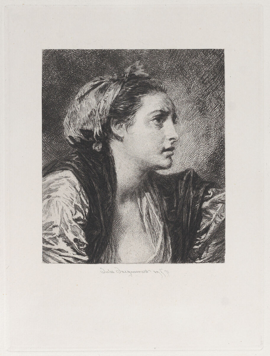 Head of a Woman, after Greuze, Jules-Ferdinand Jacquemart (French, Paris 1837–1880 Paris), Etching; third state of four (Gonse) 