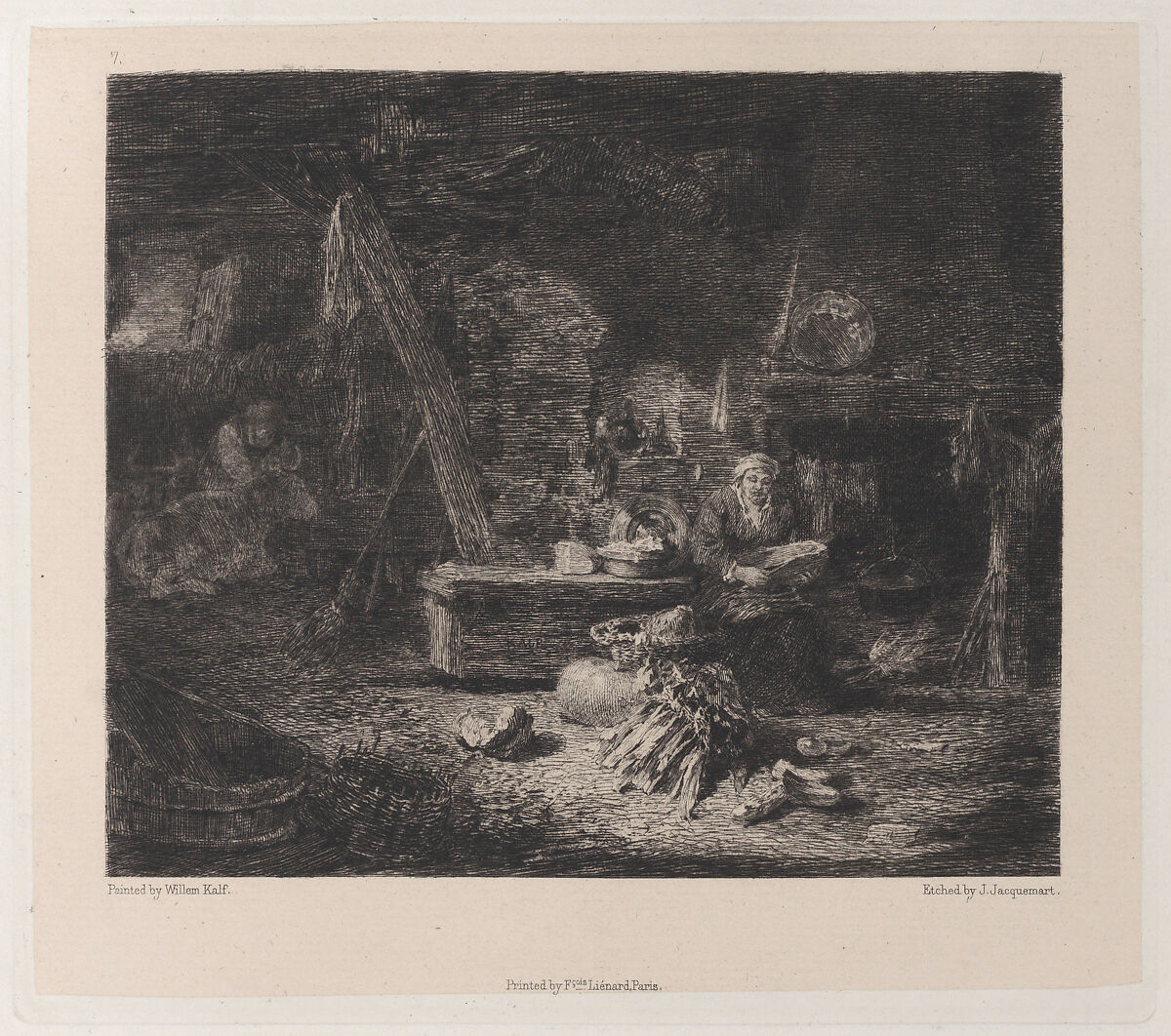 Interior of a Dutch Kitchen, after Willem Kalf, Jules-Ferdinand Jacquemart (French, Paris 1837–1880 Paris), Etching on chine collé