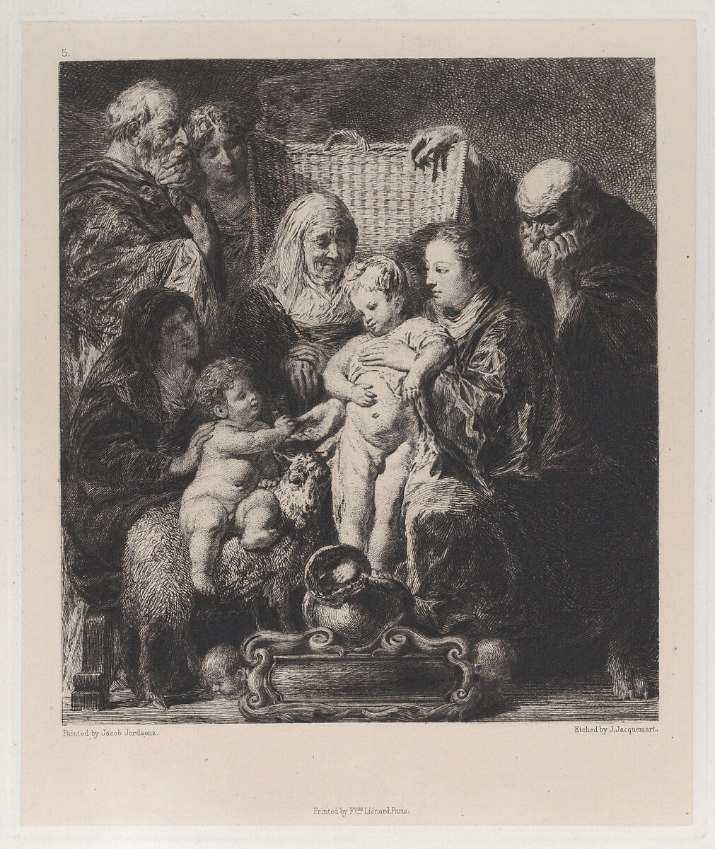 The Holy Family, after Jacob Jordaens, Jules-Ferdinand Jacquemart (French, Paris 1837–1880 Paris), Etching on chine collé 