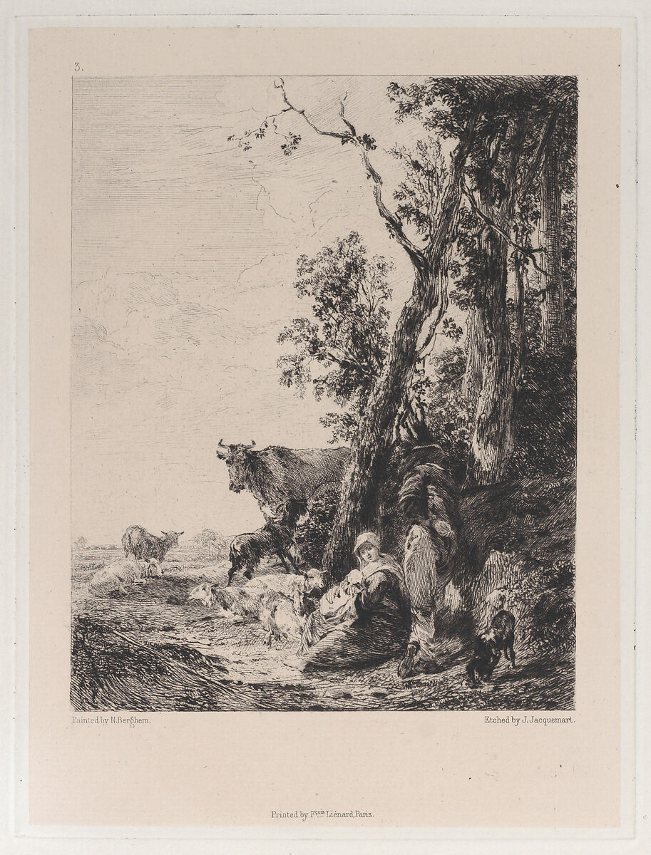 Rest, a Landscape with Figures and Cattle, after Nicolaes Berchem, Jules-Ferdinand Jacquemart (French, Paris 1837–1880 Paris), Etching on chine collé 