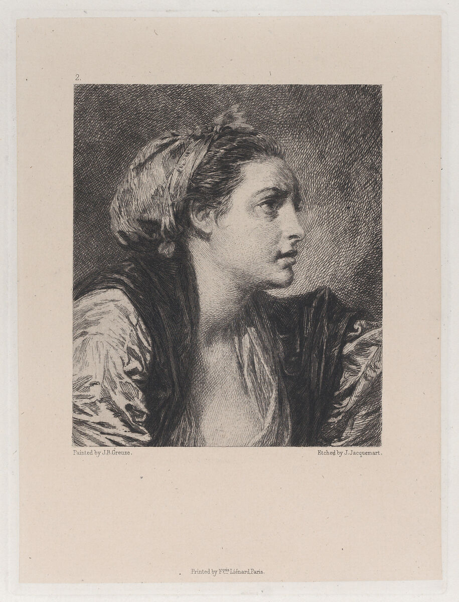 Head of a Woman, after Greuze, Jules-Ferdinand Jacquemart (French, Paris 1837–1880 Paris), Etching on chine collé 