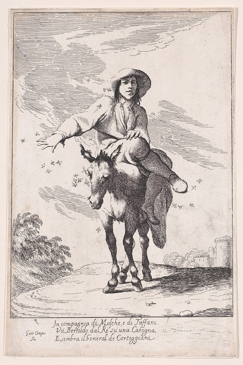 Plate 1: Bertoldo riding a donkey, from "Bertoldo, Bertoldino, and Cacasenno", Giuseppe Maria Crespi (Italian, Bologna 1665–1747 Bologna), Etching 