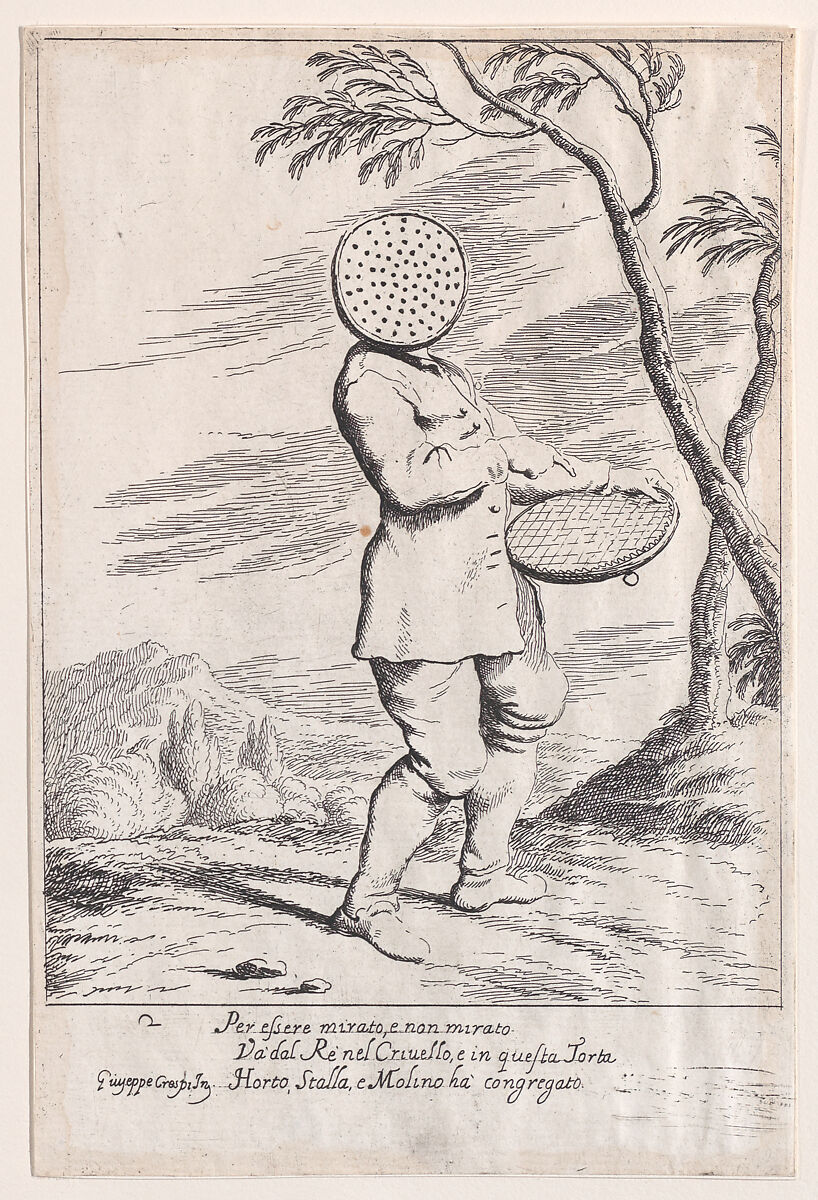 Plate 2: Bertoldo holding a tart in his hand and wearing a sieve on his head, from "Bertoldo, Bertoldino, and Cacasenno", Giuseppe Maria Crespi (Italian, Bologna 1665–1747 Bologna), Etching 