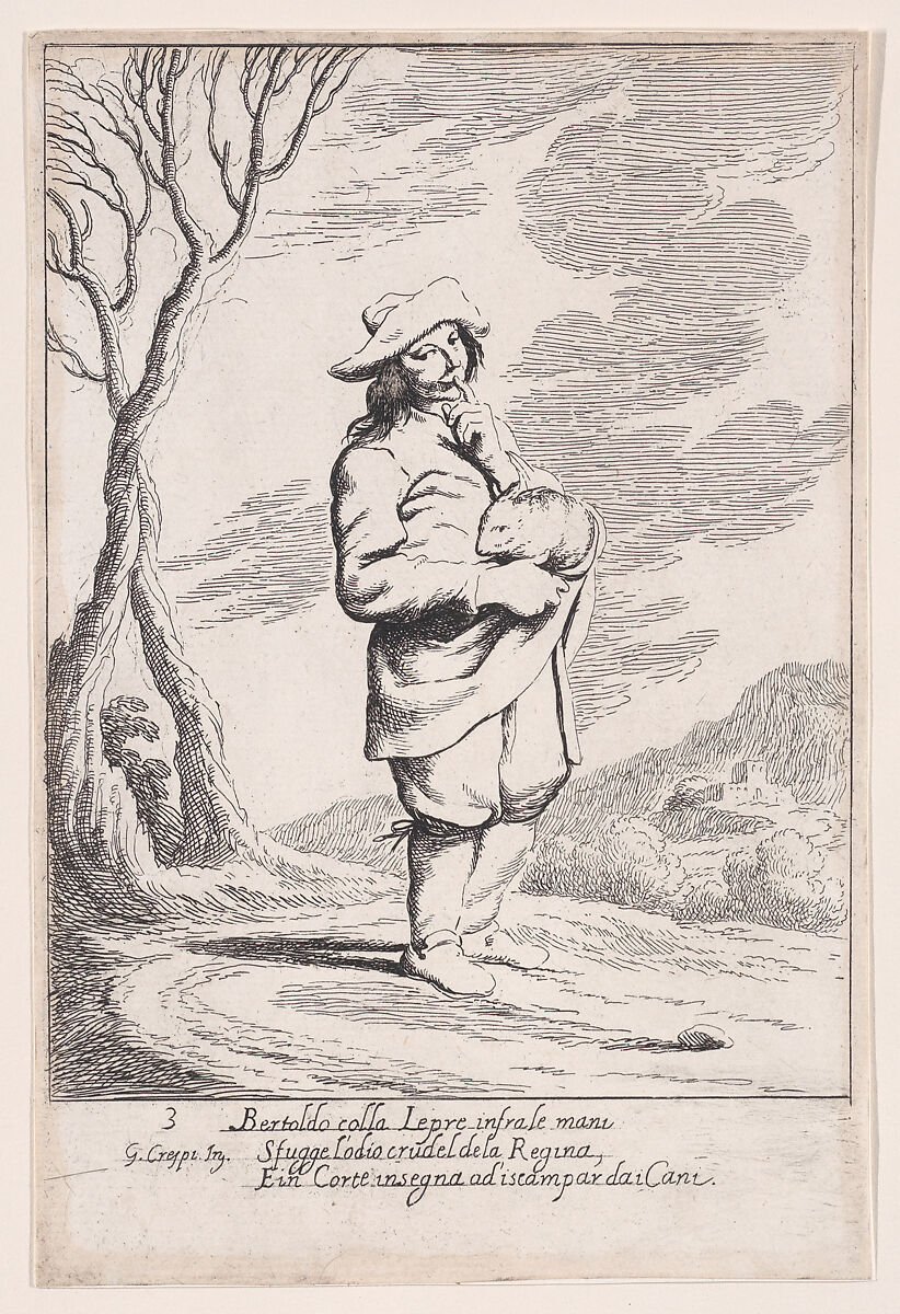 Plate 3: Bertoldo holding a hare in his hand, from "Bertoldo, Bertoldino, and Cacasenno", Giuseppe Maria Crespi (Italian, Bologna 1665–1747 Bologna), Etching 