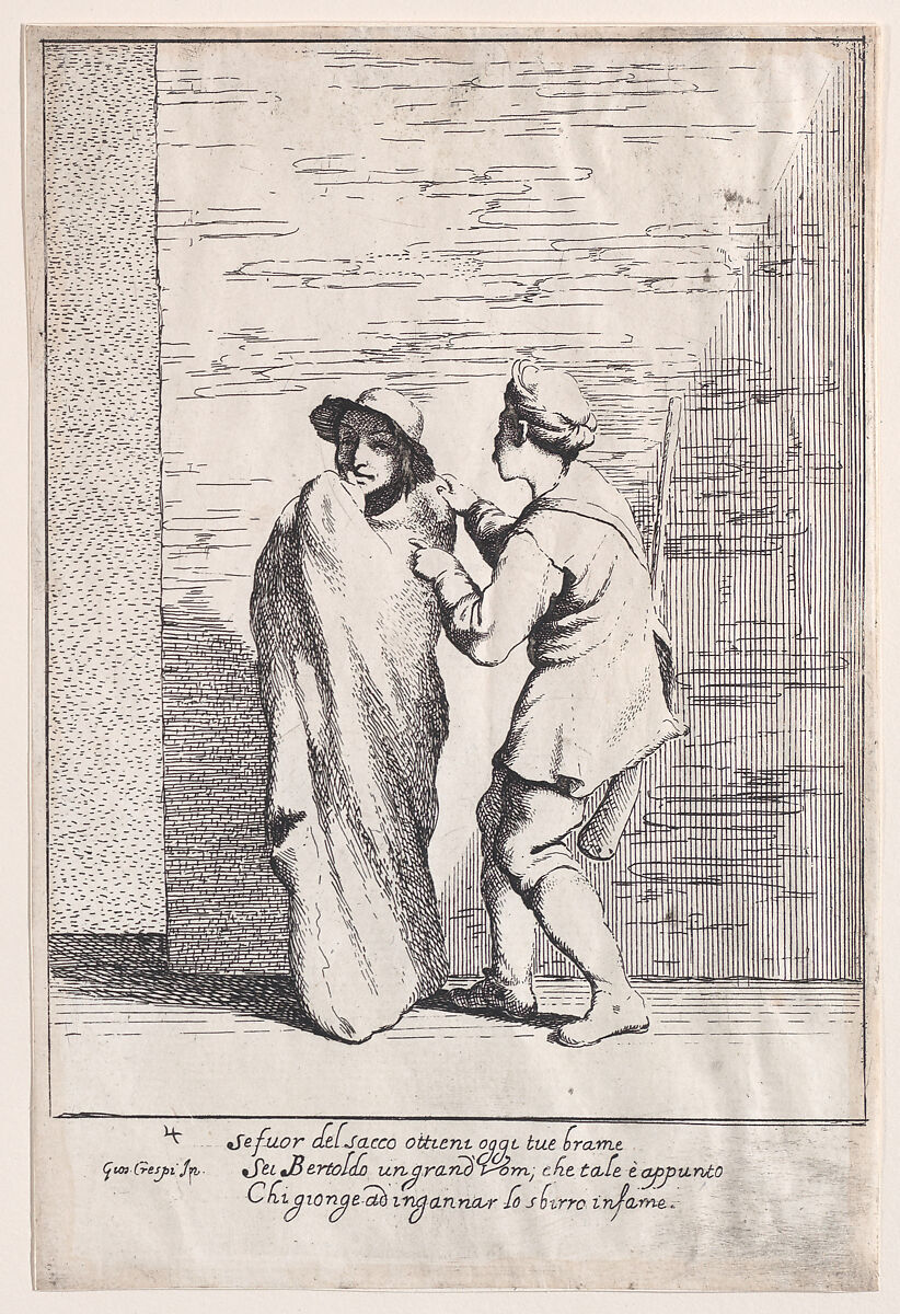 Plate 4: Bertoldo stuffed in a sack, from "Bertoldo, Bertoldino, and Cacasenno", Giuseppe Maria Crespi (Italian, Bologna 1665–1747 Bologna), Etching 