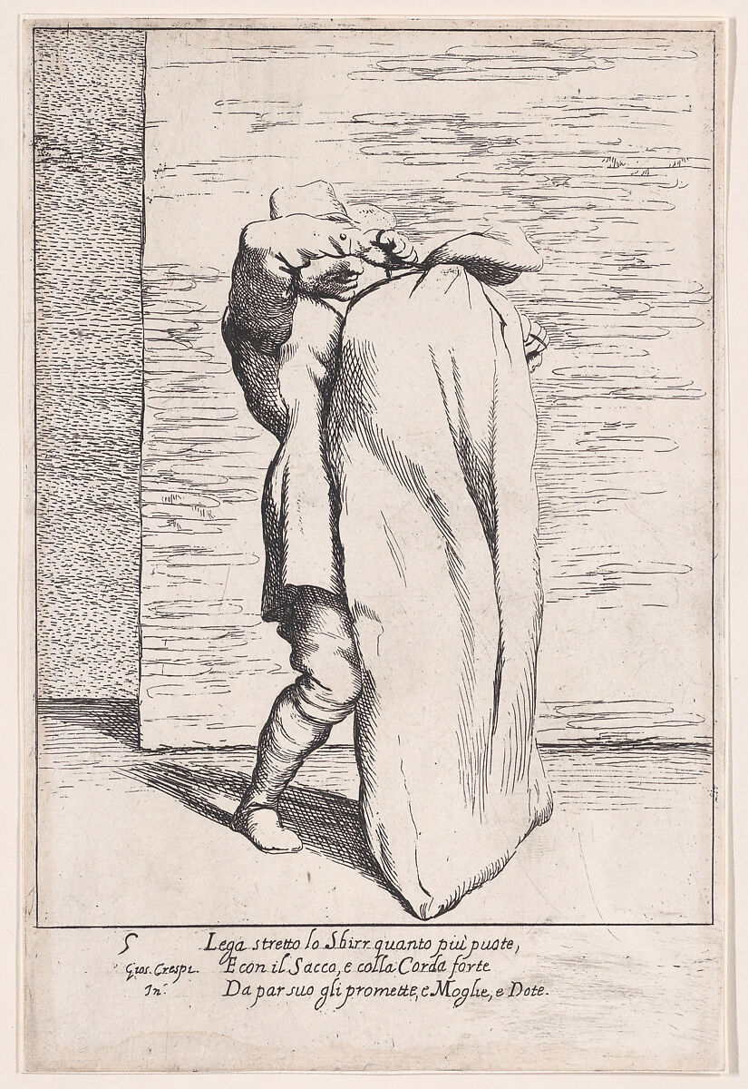 Plate 5: Bertoldo putting the jailor into the sack, from "Bertoldo, Bertoldino, and Cacasenno", Giuseppe Maria Crespi (Italian, Bologna 1665–1747 Bologna), Etching 
