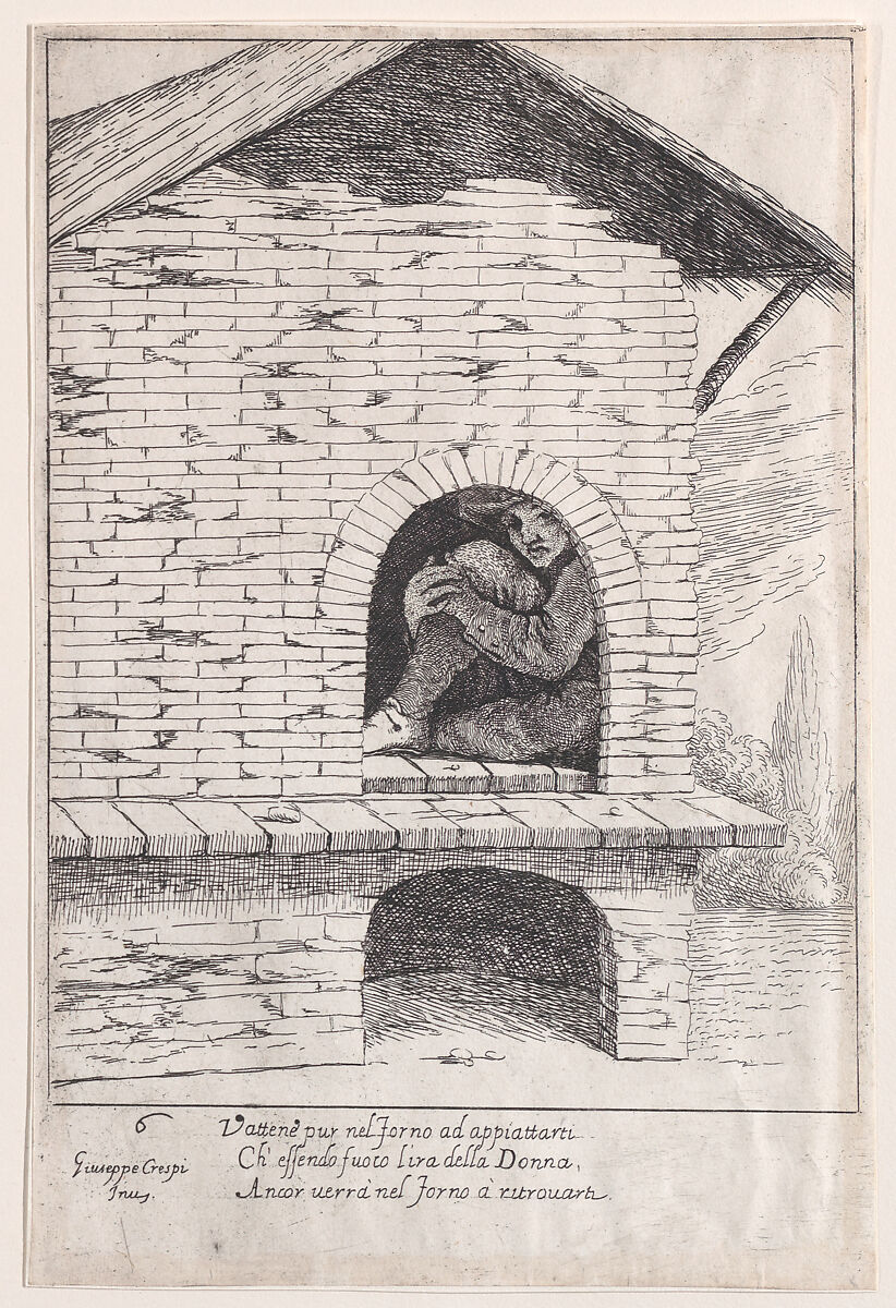 Plate 6: Bertoldo hidden in a furnace, from "Bertoldo, Bertoldino, and Cacasenno", Giuseppe Maria Crespi (Italian, Bologna 1665–1747 Bologna), Etching 