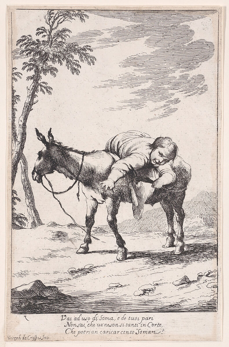 Plate 7: Bertoldino lying on a donkey, from "Bertoldo, Bertoldino, and Cacasenno", Giuseppe Maria Crespi (Italian, Bologna 1665–1747 Bologna), Etching 