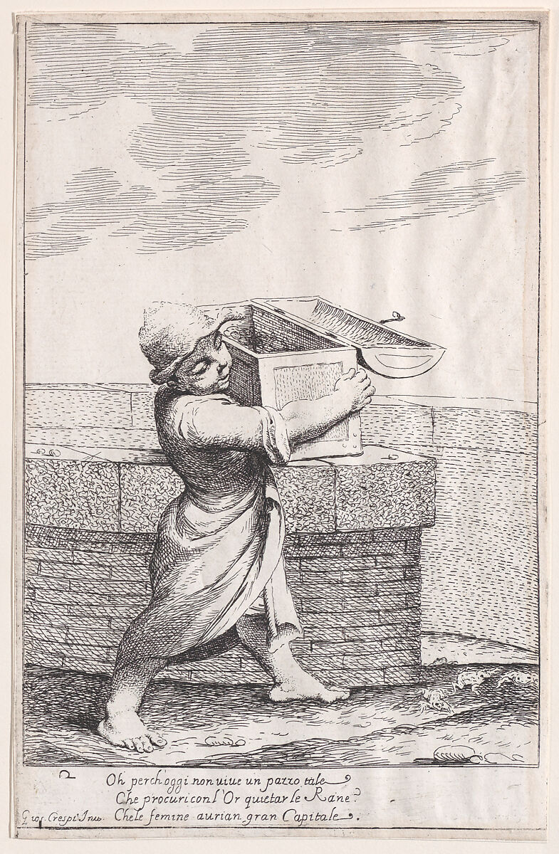 Plate 8: Bertoldino, enraged by the croaking frogs, throws his strongbox into the fish pond, from "Bertoldo, Bertoldino, and Cacasenno", Giuseppe Maria Crespi (Italian, Bologna 1665–1747 Bologna), Etching 