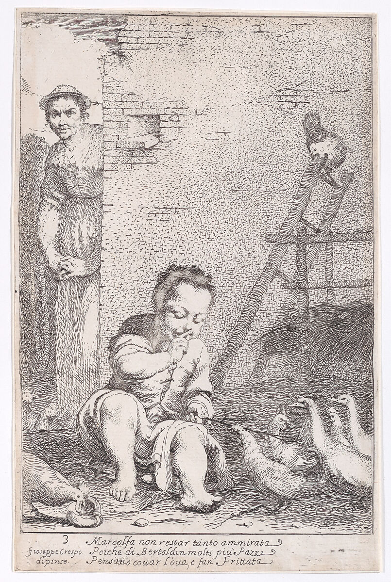 Plate 9: Marcolfa finds Bertoldino hatching eggs, from "Bertoldo, Bertoldino, and Cacasenno", Giuseppe Maria Crespi (Italian, Bologna 1665–1747 Bologna), Etching 