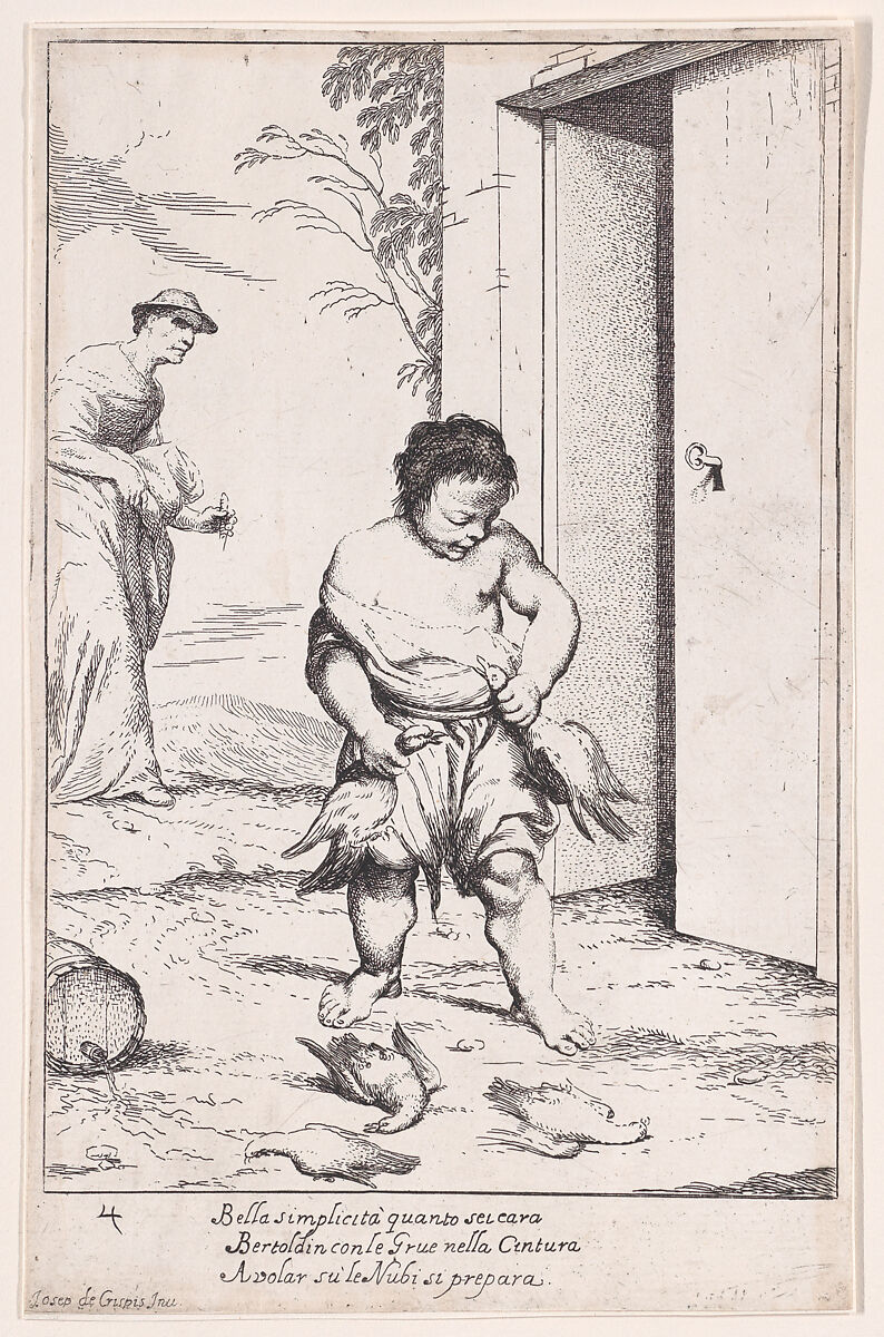 Plate 10: Bertoldino fastening geese to his belt, from "Bertoldo, Bertoldino, and Cacasenno", Giuseppe Maria Crespi (Italian, Bologna 1665–1747 Bologna), Etching 