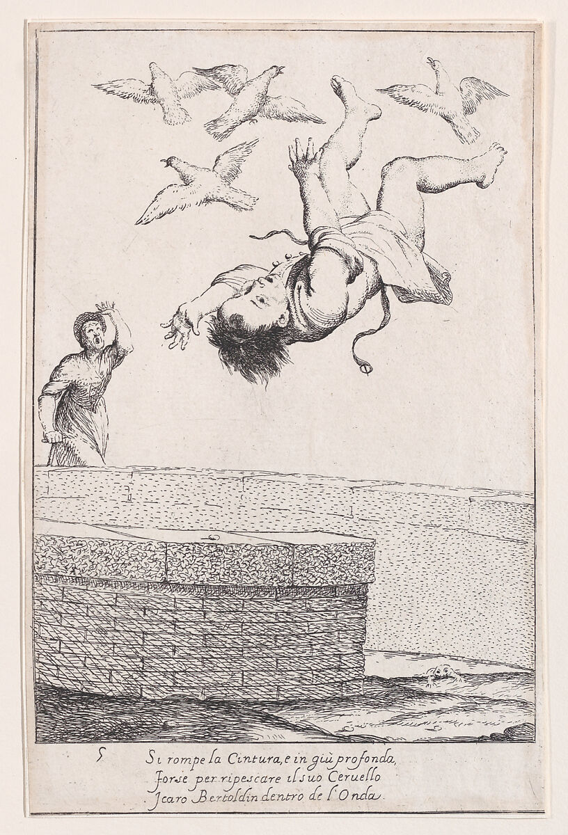 Plate 11: Bertoldino falling into the fish pond, from "Bertoldo, Bertoldino, and Cacasenno", Giuseppe Maria Crespi (Italian, Bologna 1665–1747 Bologna), Etching 