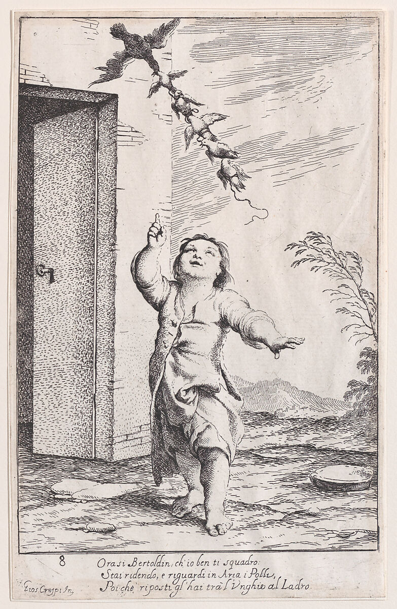 Plate 13: Bertoldino with birds carried off by a kite, from "Bertoldo, Bertoldino, and Cacasenno", Giuseppe Maria Crespi (Italian, Bologna 1665–1747 Bologna), Etching 