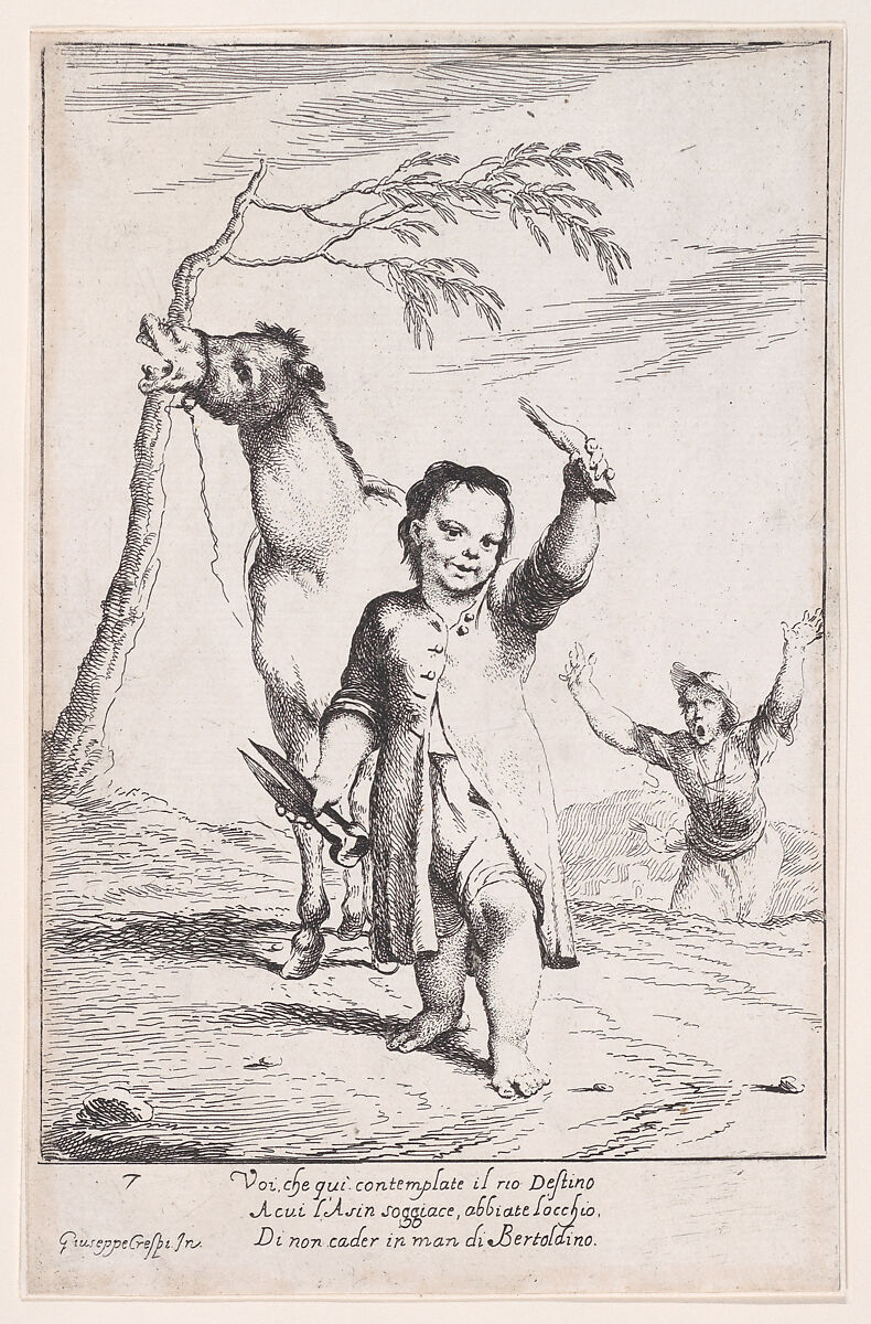 Plate 14: Bertoldino cutting off the ears of a gardener's donkey, from "Bertoldo, Bertoldino, and Cacasenno", Giuseppe Maria Crespi (Italian, Bologna 1665–1747 Bologna), Etching 