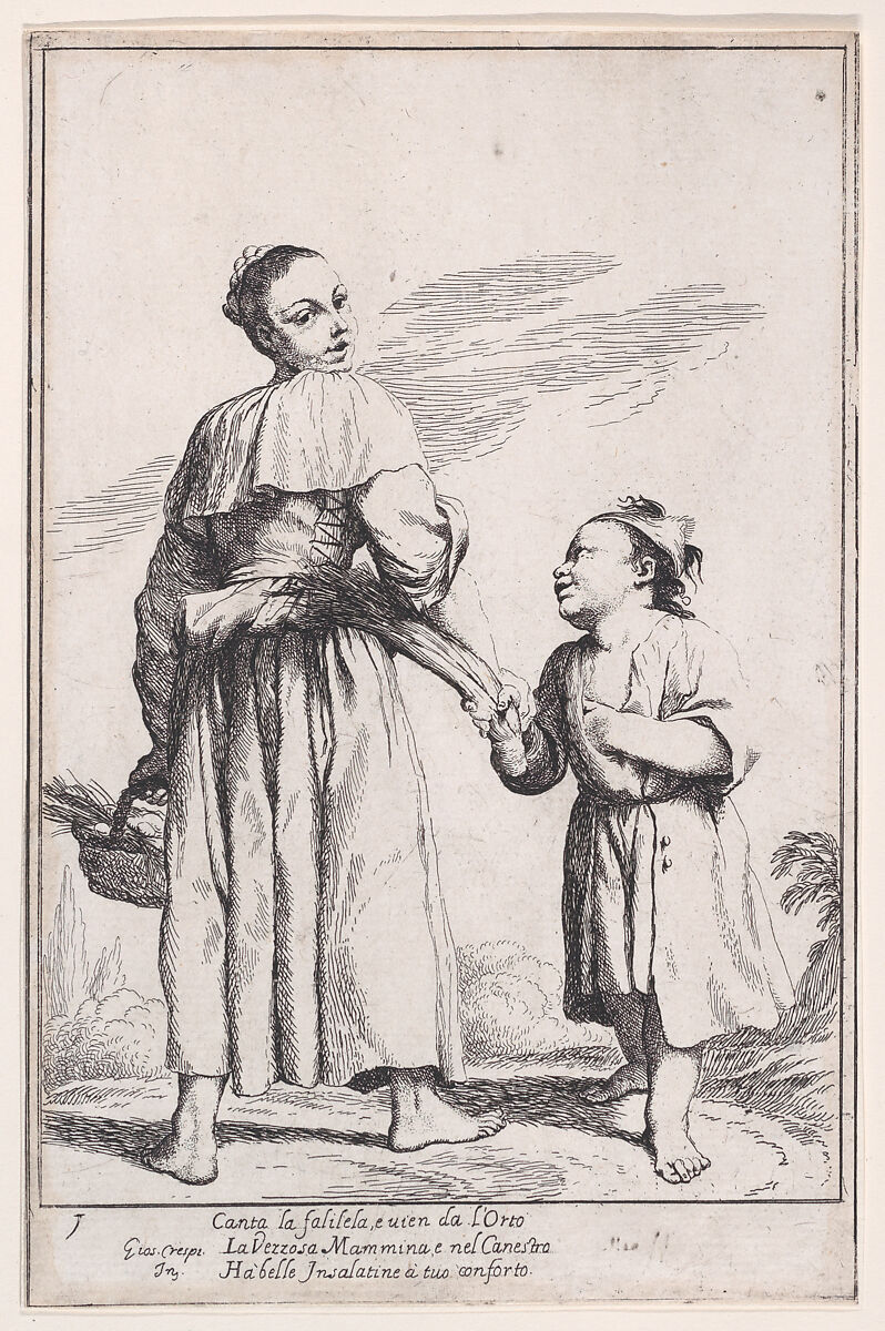 Plate 15: Menghina leaving the garden with a basket filled with herbs and encountering Cacasenno, from "Bertoldo, Bertoldino, and Cacasenno", Giuseppe Maria Crespi (Italian, Bologna 1665–1747 Bologna), Etching 