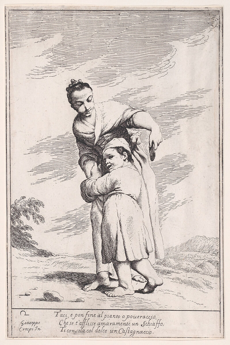 Plate 16: Menghina quiets Cacasenno with a chestnut cake, from "Bertoldo, Bertoldino, and Cacasenno", Giuseppe Maria Crespi (Italian, Bologna 1665–1747 Bologna), Etching 