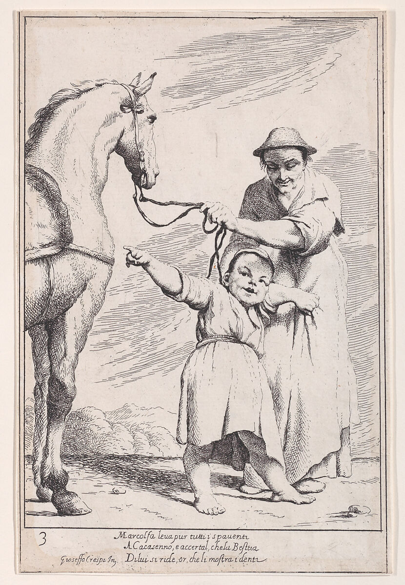 Plate 17: Marcolfa shows Cacasenno a horse, from "Bertoldo, Bertoldino, and Cacasenno", Giuseppe Maria Crespi (Italian, Bologna 1665–1747 Bologna), Etching 